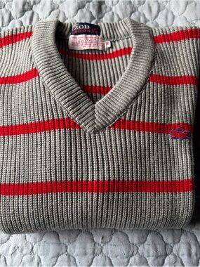 Lacoste Grey V-Neck Sweater with Red Stripes. Vintage. Inside states size 20.